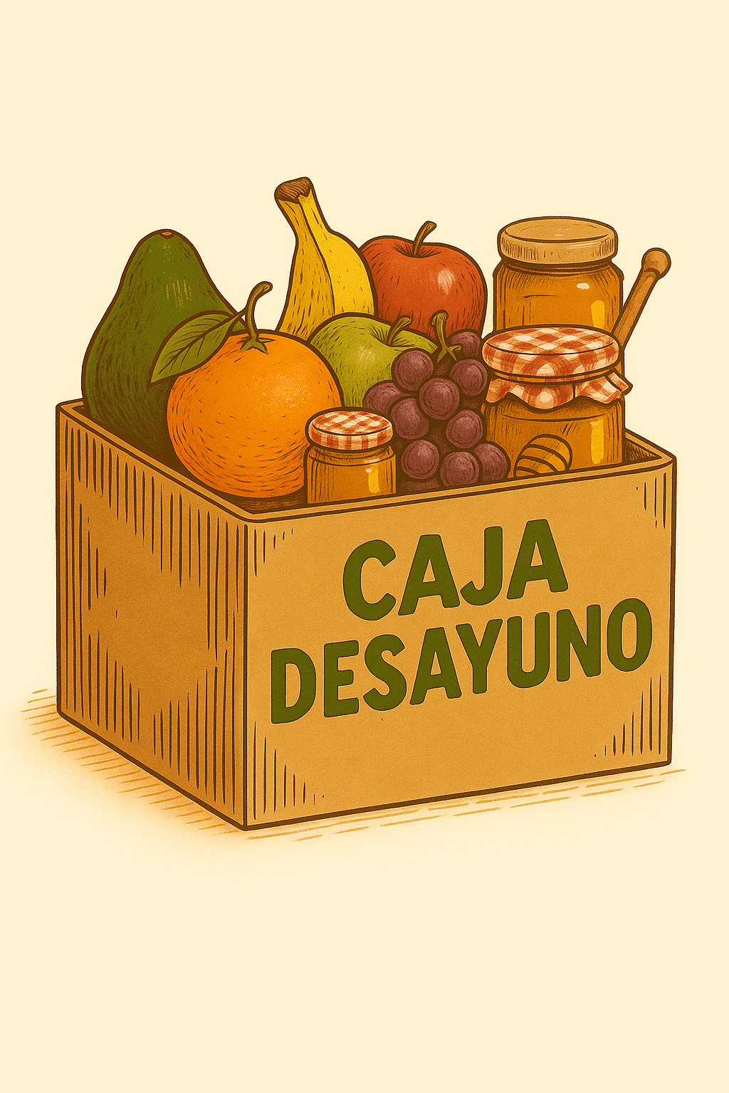 Caja desayuno con fruta, mermelada y miel