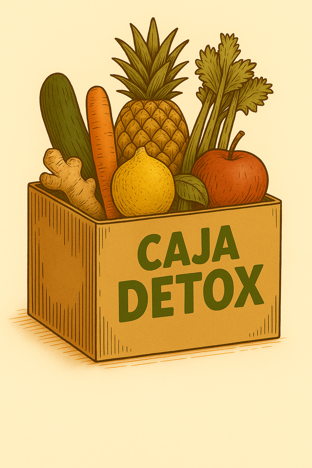 Caja detox con pepino, jengibre, zanahoria, limón, piña, apio y manzana
