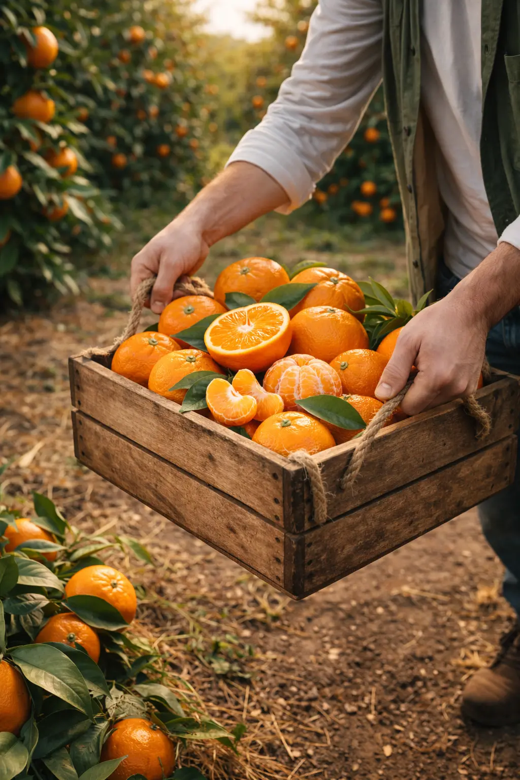 Cosecha de cítricos en el atardecer